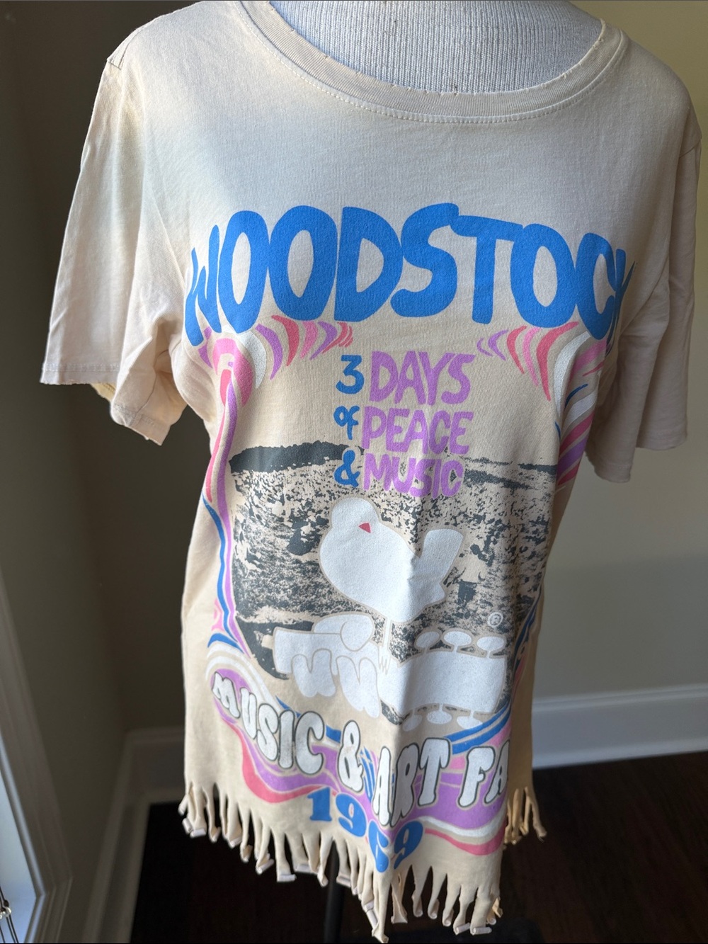 Woodstock Graphic Short Sleeve Tee - Cream with Blue & Pink Print